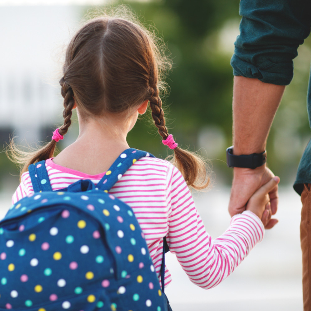 First,Day,At,School.,Father,Leads,A,Little,Child,School